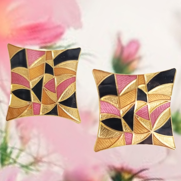 Vintage Gold Metallic Enamel Pierced Post Earrings - Picture 9 of 15